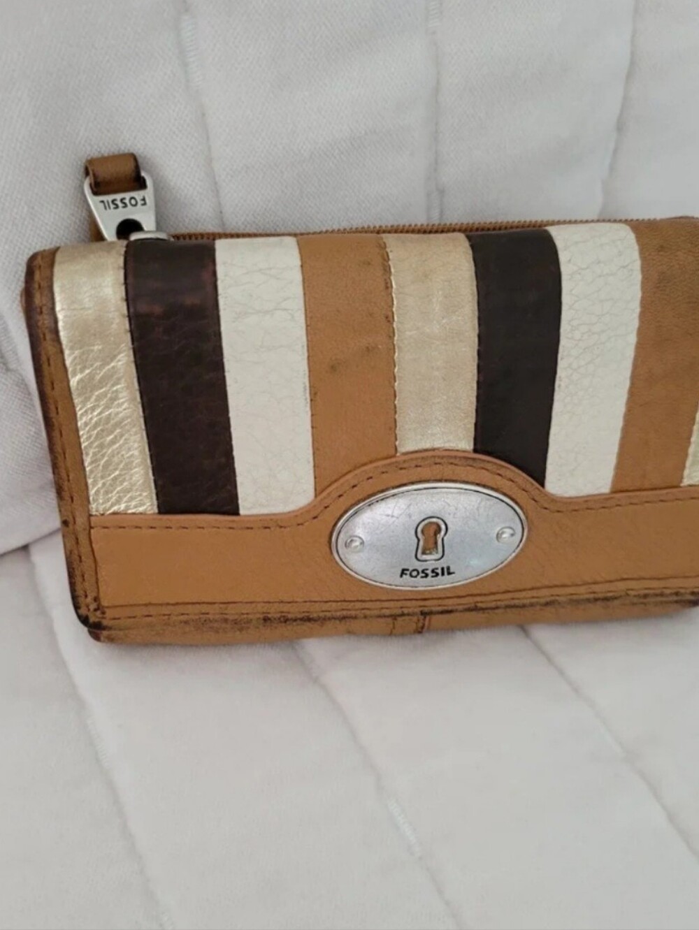 Fossil Women's Striped Wallet in Tan, White & Dark Brown